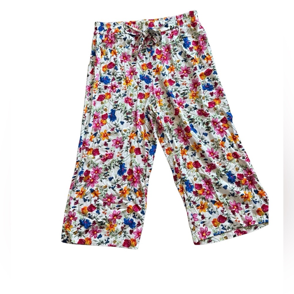 Robert Louis Floral Wide Leg Pants XL Boho Rayon Drawstring Palazzo Summer Beach